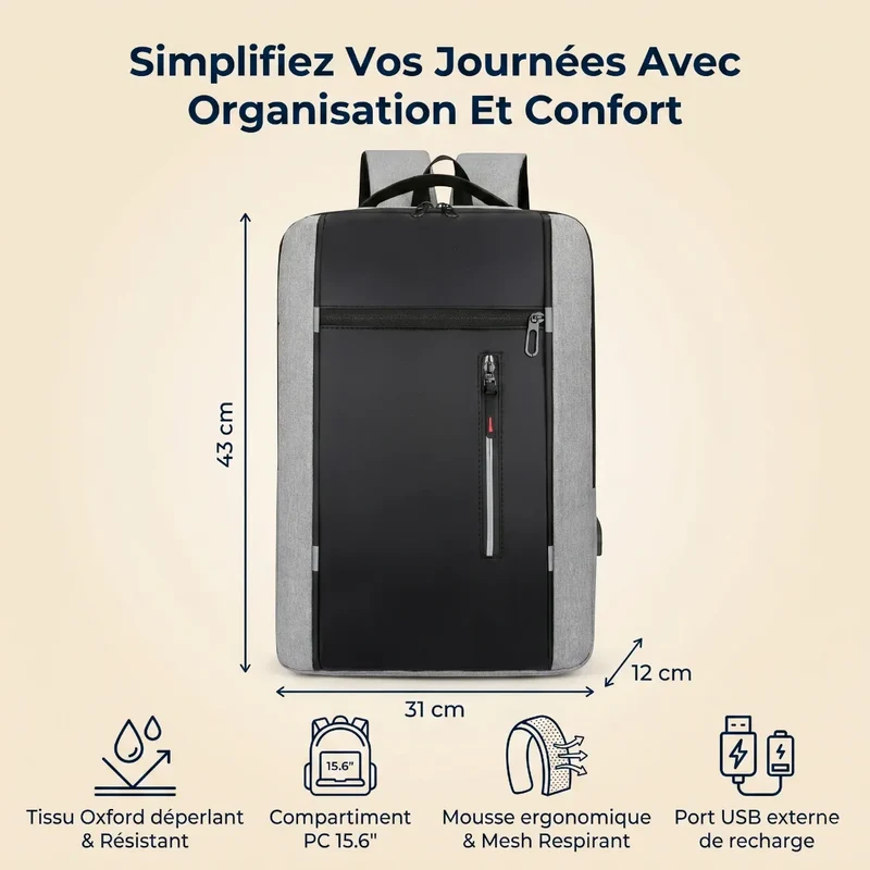 Sac à dos ordinateur homme ErgoStride - Soulagement dorsal & Protection déperlante