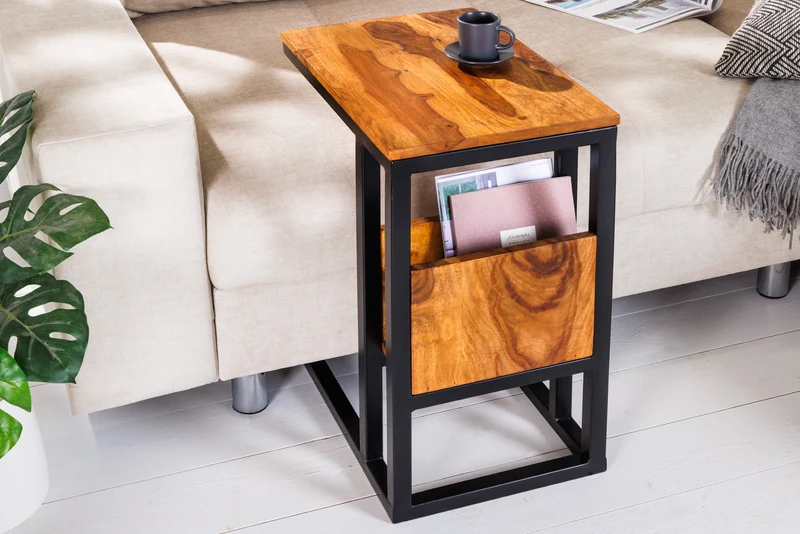 Table d'appoint en bois massif CONCIERGE 60cm finition pierre de Sheesham marron avec espace de rangement