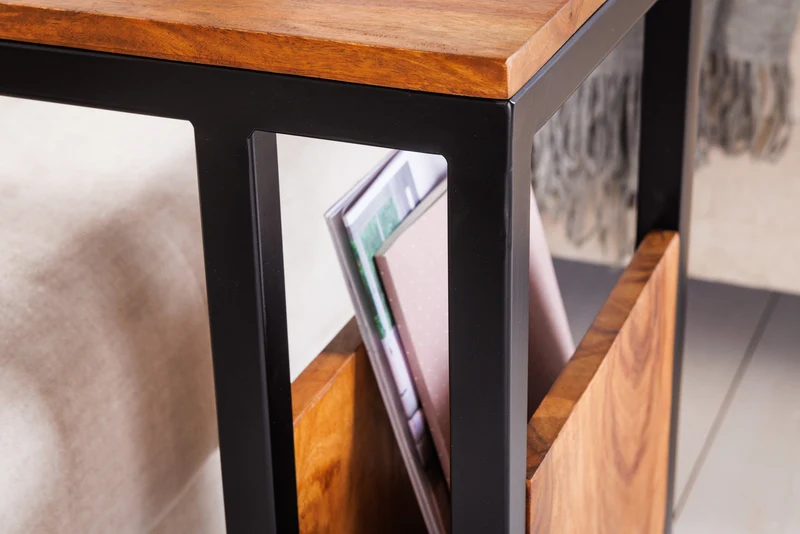 Table d'appoint en bois massif CONCIERGE 60cm finition pierre de Sheesham marron avec espace de rangement