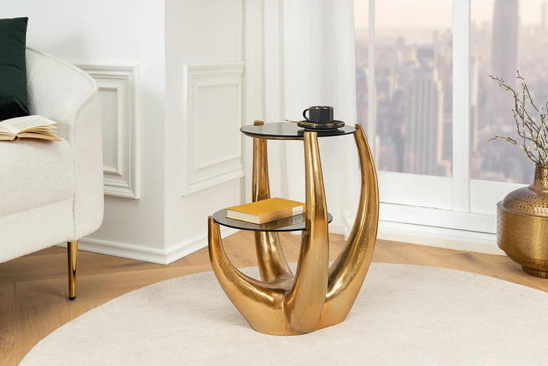 Table d'appoint LEVELS 50 cm en métal noir, verre noir antique, fait main