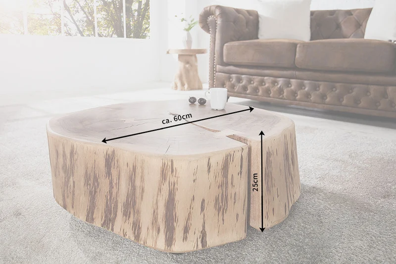 Table basse tronc d'arbre GOA 60cm bois massif d'acacia naturel ronde avec roulettes unique