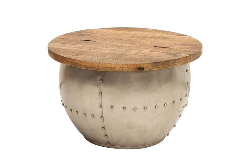 Table basse ronde DRUMP STORAGE 70cm en bois de manguier argenté naturel avec espace de rangement fait main industriel
