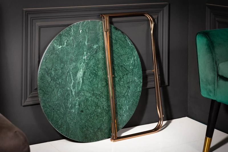 Table basse ronde NOBLE 65cm marbre vert plateau amovible pliable métal doré