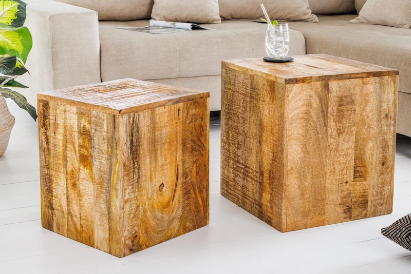 Ensemble solide de 2 tables d'appoint CURACAO 45 cm table basse cube en bois de manguier naturel faite à la main