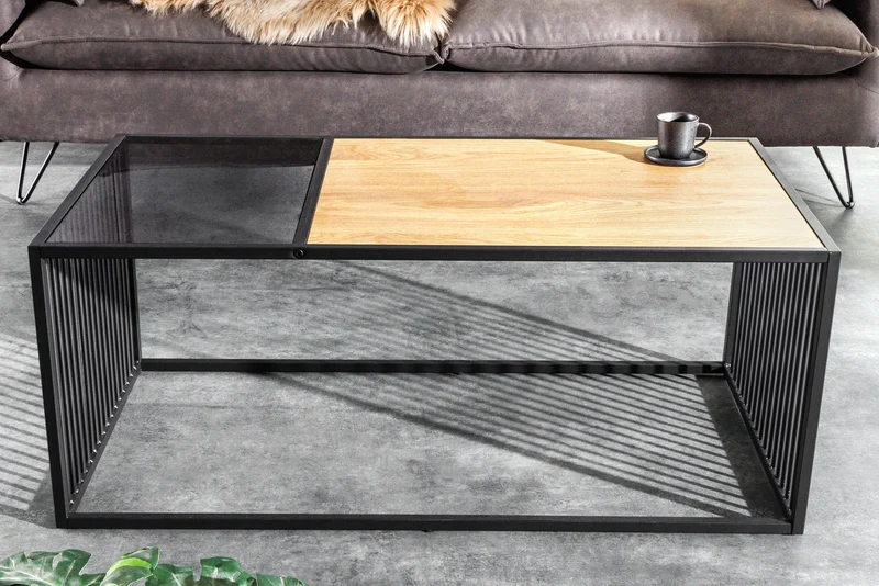 Table basse design ARCHITECTURE 100cm chêne sauvage noir verre fumé métal bois