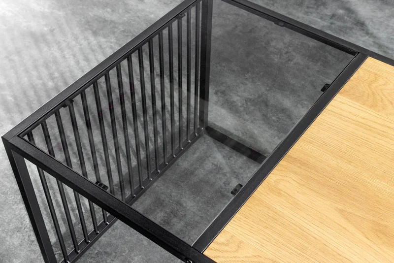 Table basse design ARCHITECTURE 100cm chêne sauvage noir verre fumé métal bois