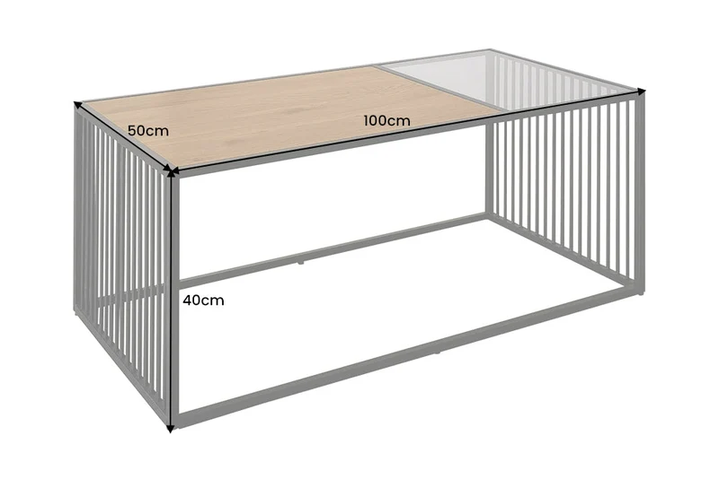 Table basse design ARCHITECTURE 100cm chêne sauvage noir verre fumé métal bois