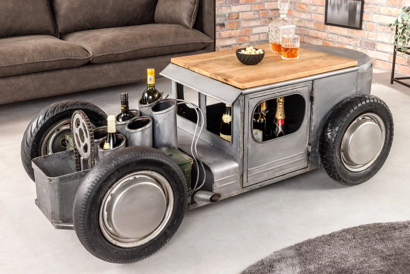 Table basse vintage HOT ROD 160cm acier bois de manguier avec espace de rangement porte bouteille massif