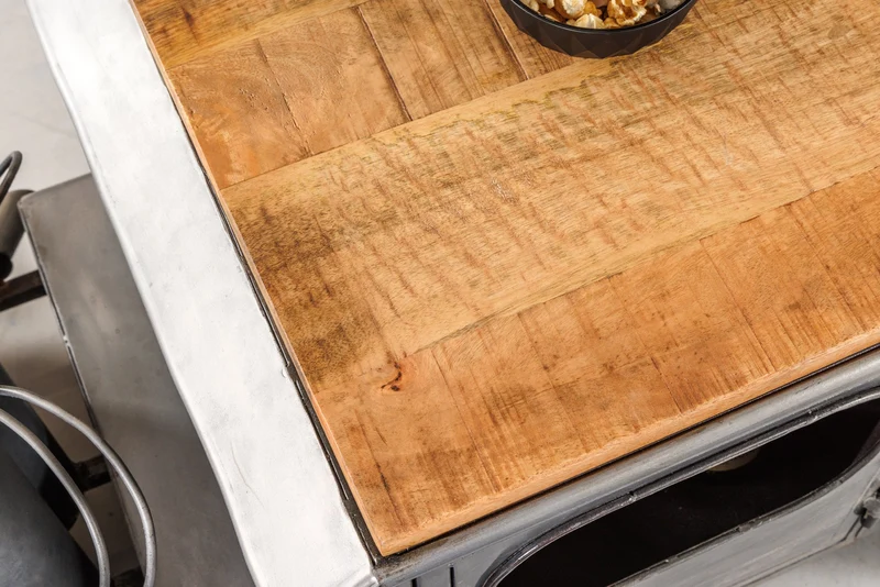 Table basse vintage HOT ROD 160cm acier bois de manguier avec espace de rangement porte bouteille massif