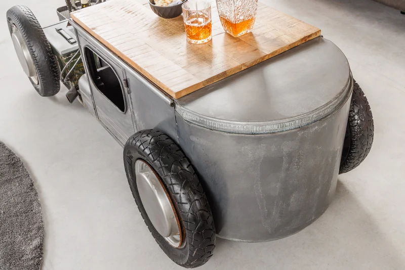 Table basse vintage HOT ROD 160cm acier bois de manguier avec espace de rangement porte bouteille massif