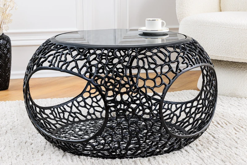 Table basse ronde SPIN 75cm noir verre noir métal avec espace de rangement fait main