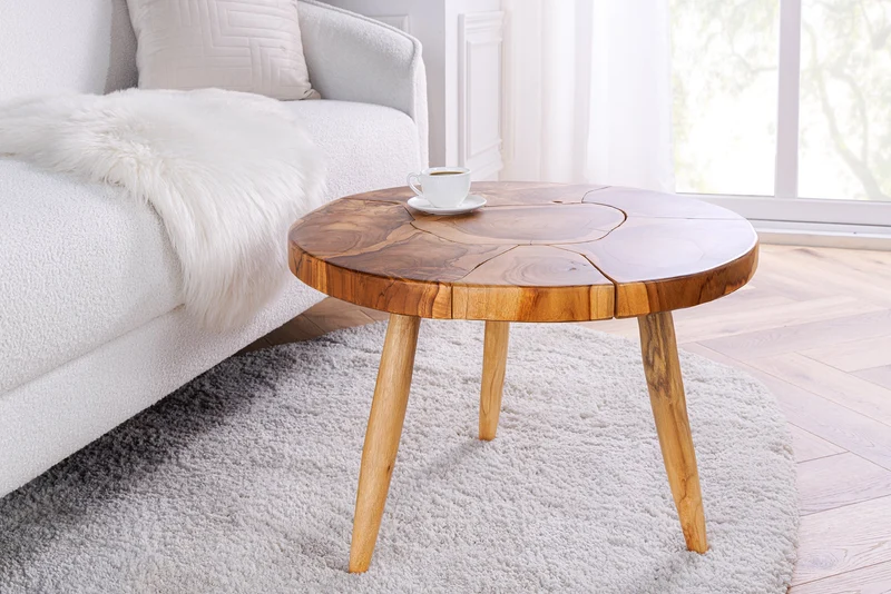 Table basse ronde en bois massif MOSAIC 60cm tronc d'arbre en teck naturel fait main