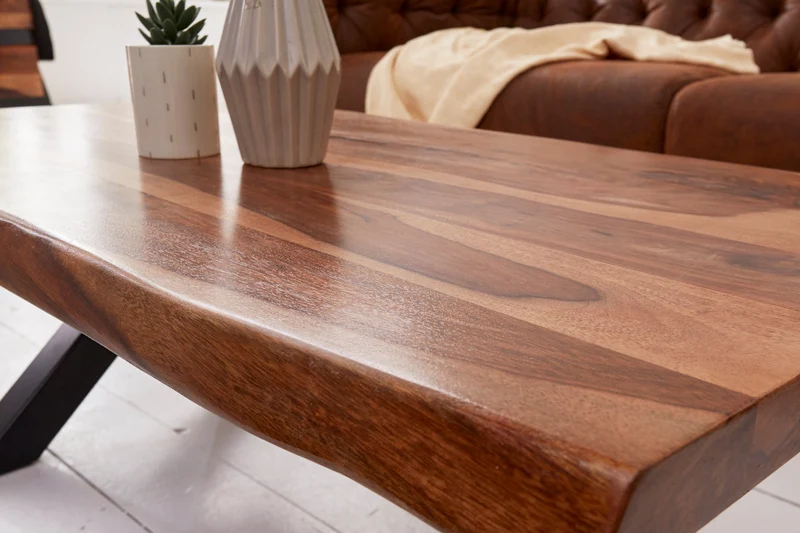 Table basse design AMAZONAS 110 cm marron bois massif de sheesham bordé d'arbre