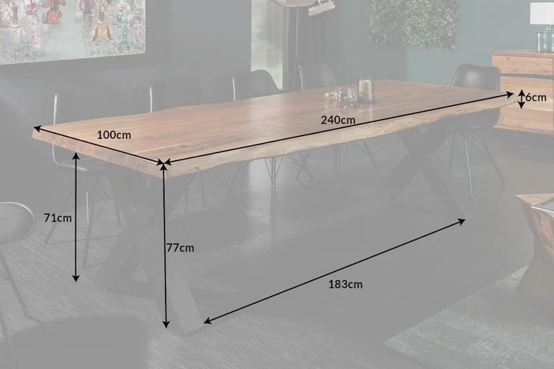 Table à manger en bois massif MAMMUT NATURE 240cm bord en acacia cadre en X plateau 6cm