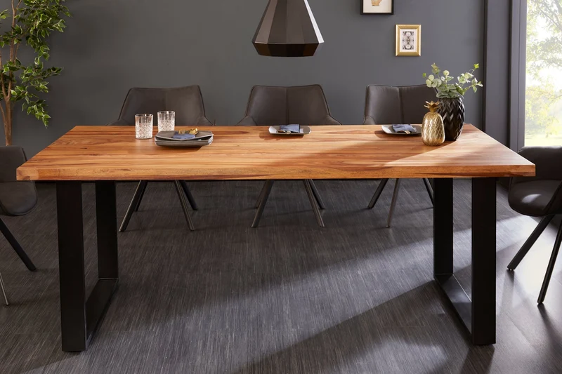 Table à manger en bois massif IRON CRAFT 200 cm marron noir finition pierre de Sheesham Industriel