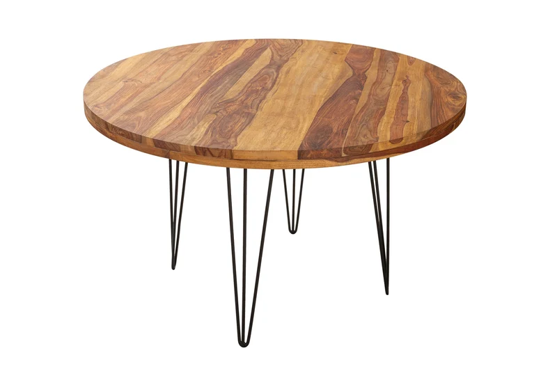 Table à manger ronde MAKASSAR 120cm bois massif de Sheesham marron finition pierre pieds épingles