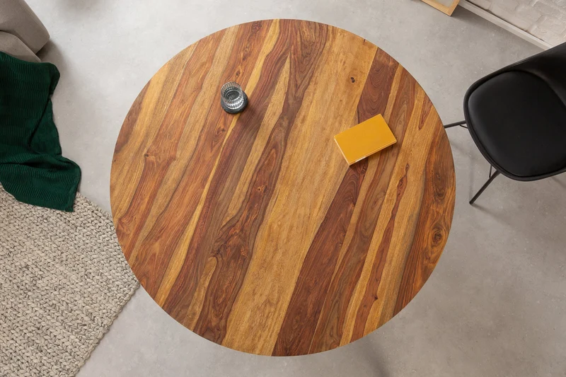 Table à manger ronde MAKASSAR 120cm bois massif de Sheesham marron finition pierre pieds épingles