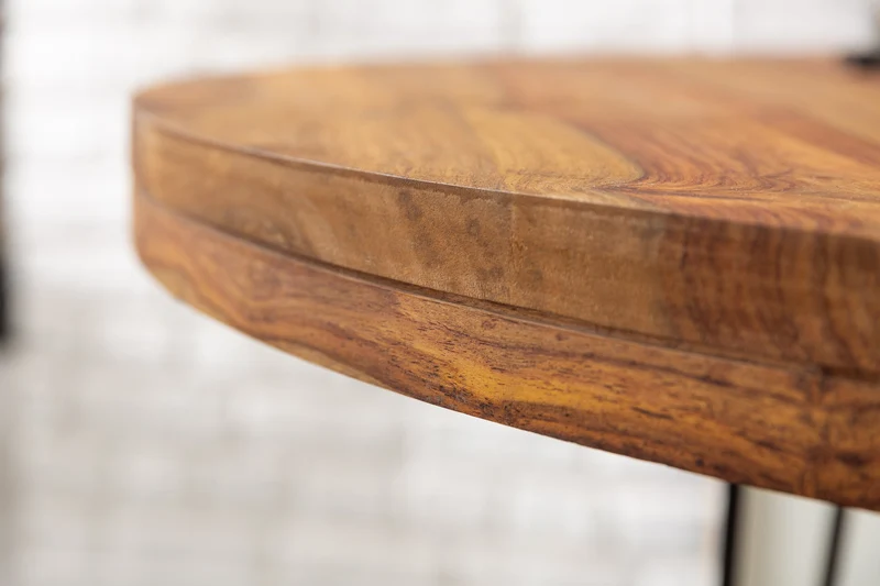 Table à manger ronde MAKASSAR 120cm bois massif de Sheesham marron finition pierre pieds épingles