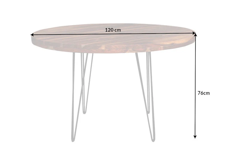 Table à manger ronde MAKASSAR 120cm bois massif de Sheesham marron finition pierre pieds épingles