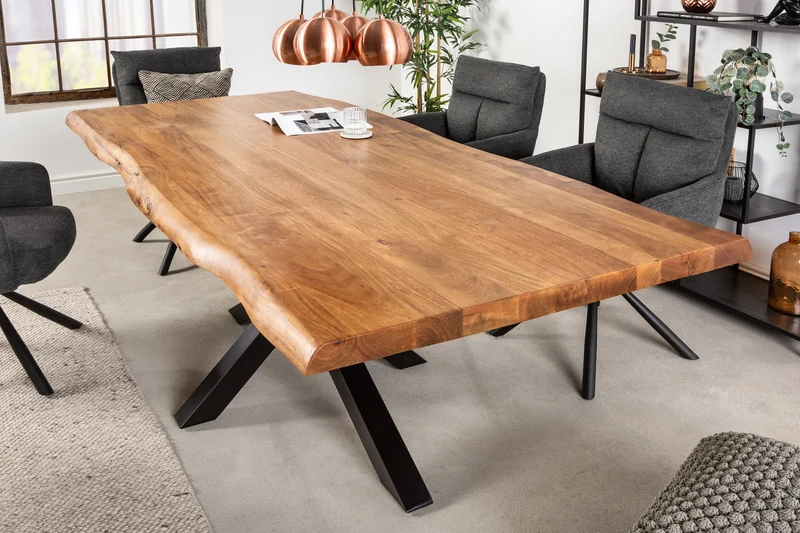 Table à manger en bois massif MAMMUT NATURE 220cm structure en métal acacia bord en arbre noir plateau 6cm