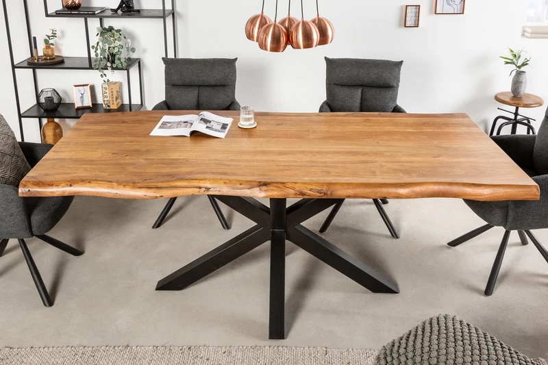 Table à manger en bois massif MAMMUT NATURE 220cm structure en métal acacia bord en arbre noir plateau 6cm