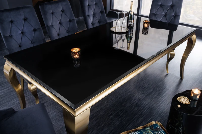 Table à manger au design élégant et moderne de style baroque, 200 cm, plateau en acier inoxydable noir et or, verre opale