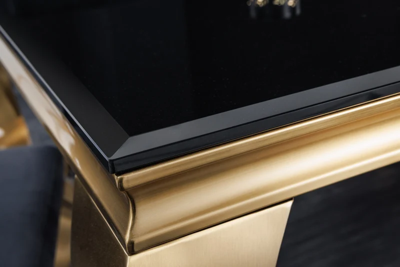Table à manger au design élégant et moderne de style baroque, 200 cm, plateau en acier inoxydable noir et or, verre opale