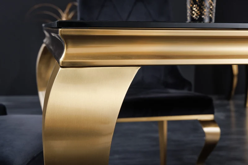 Table à manger au design élégant et moderne de style baroque, 200 cm, plateau en acier inoxydable noir et or, verre opale