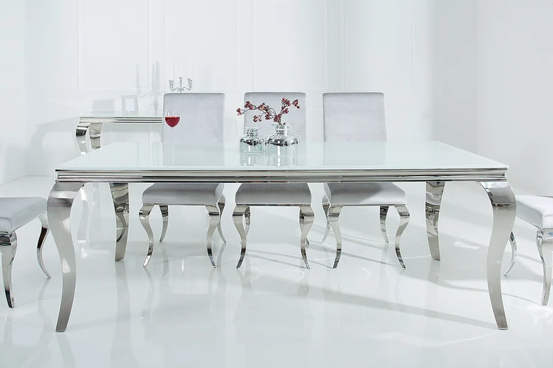 Table à manger au design élégant et moderne de style baroque, 200 cm, plateau en acier inoxydable blanc et verre opale