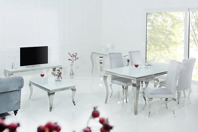 Table à manger au design élégant et moderne de style baroque, 200 cm, plateau en acier inoxydable blanc et verre opale