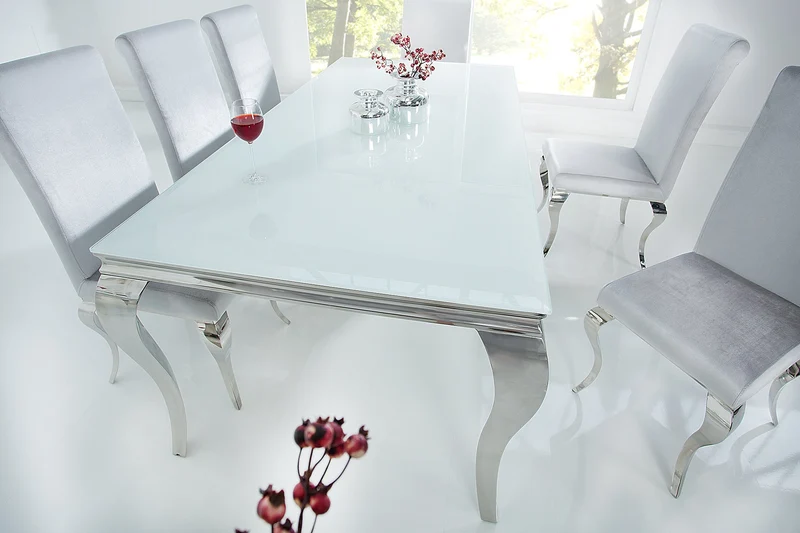 Table à manger au design élégant et moderne de style baroque, 200 cm, plateau en acier inoxydable blanc et verre opale
