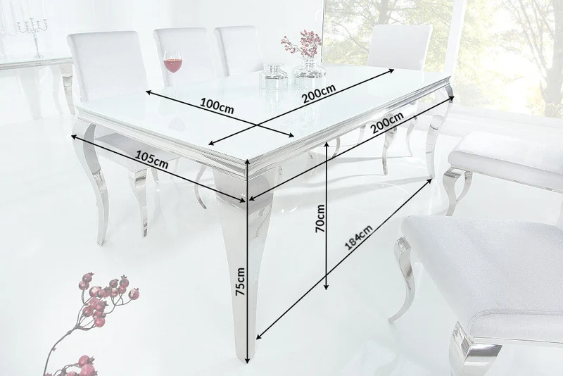 Table à manger au design élégant et moderne de style baroque, 200 cm, plateau en acier inoxydable blanc et verre opale