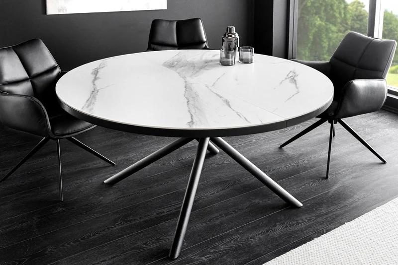 Table à manger extensible MIKADO 120-160 cm en céramique blanche ovale avec structure étoile noire