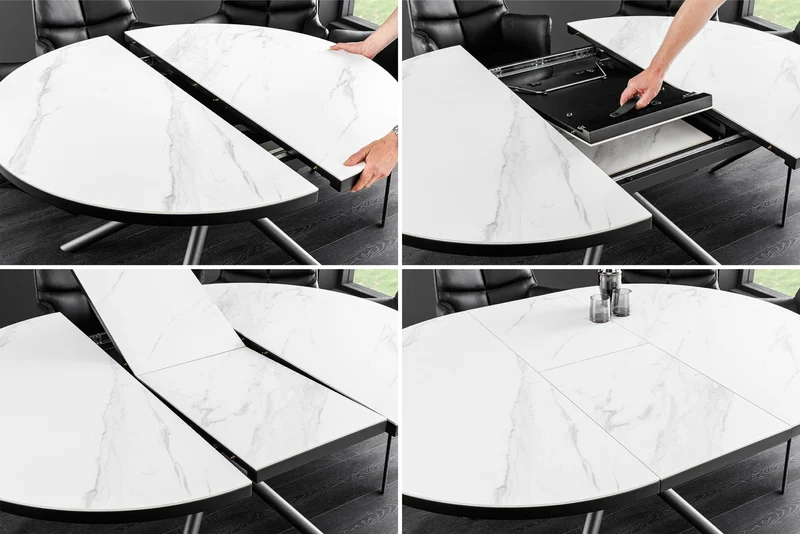 Table à manger extensible MIKADO 120-160 cm en céramique blanche ovale avec structure étoile noire