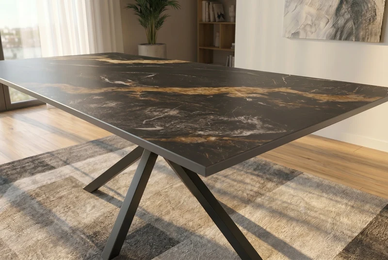 Table à manger moderne GALAXIE 160cm Aurora Oro céramique sable or noir