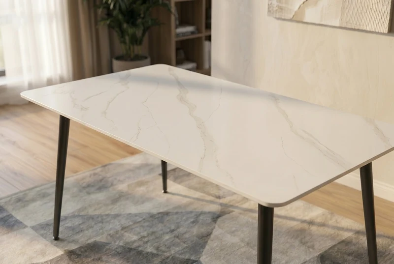 Table à manger moderne MILANO 140cm céramique blanche pieds métal noir