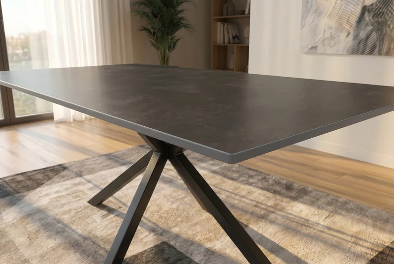 Table à manger moderne GALAXIE 160cm céramique anthracite structure étoile métal noir