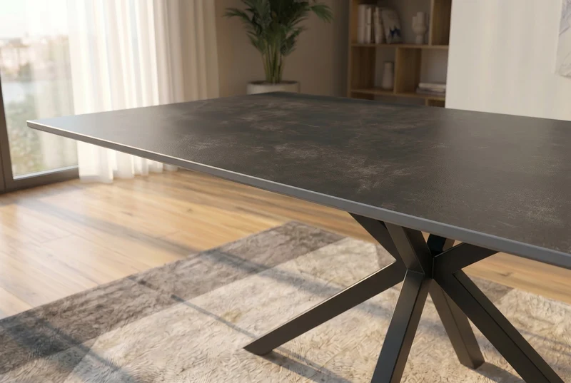 Table à manger moderne GALAXIE 160cm céramique anthracite structure étoile métal noir