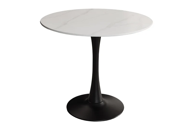 Table à manger ronde LYON 80cm table bistro marbre blanc céramique piètement pilier noir