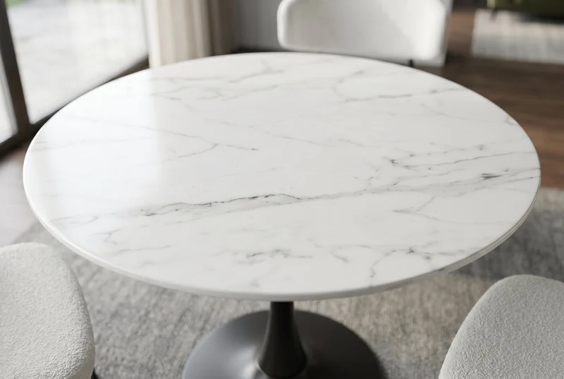 Table à manger ronde LYON 80cm table bistro marbre blanc céramique piètement pilier noir