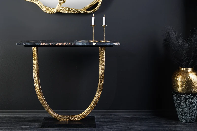 Console artisanale OMEGA 80cm marbre noir métal doré