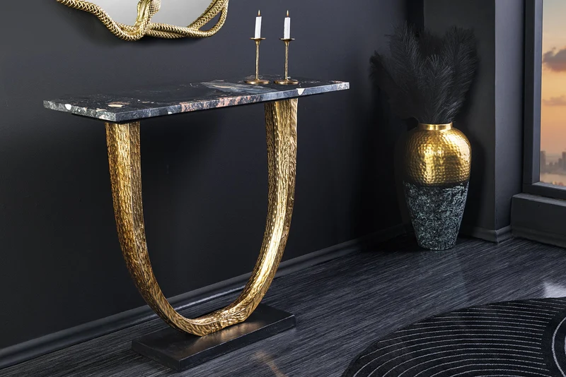 Console artisanale OMEGA 80cm marbre noir métal doré