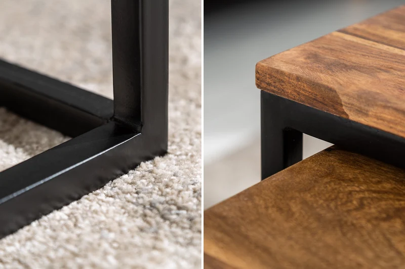 Lot de 2 tables basses ELEMENTS 65cm bois massif sheesham marron finition pierre fer noir