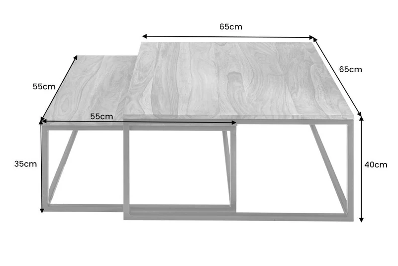 Lot de 2 tables basses ELEMENTS 65cm bois massif sheesham marron finition pierre fer noir