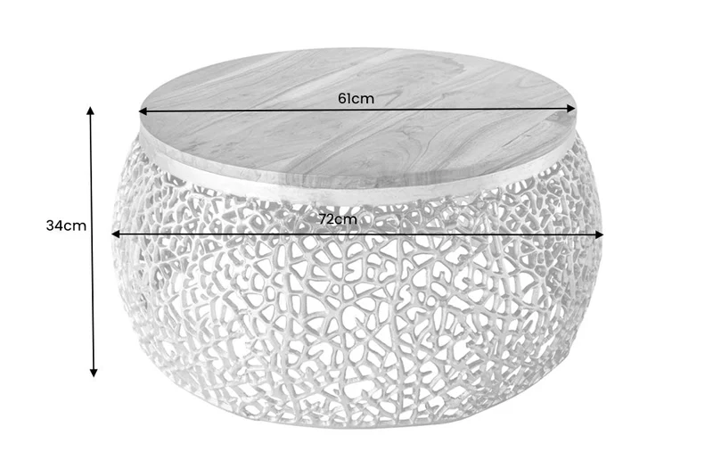 Table basse ronde ABSTRACT LEAF 75cm métal doré bois d’acacia massif filigrane artisanat