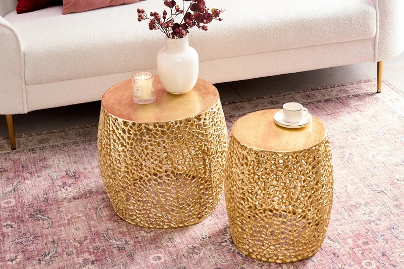 Lot de 2 tables basses design filigrane ABSTRACT LEAF ronde en métal fait main doré
