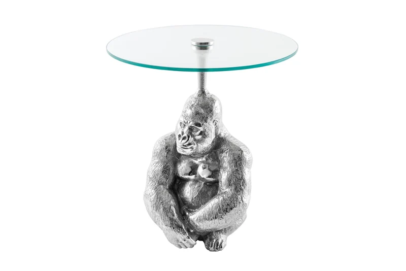 Table d’appoint ronde KONG 50cm métal argenté verre figurine singe sculpture gorille