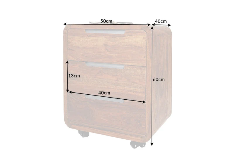 Conteneur roulant solide CUBUS 60cm bois de sheesham marron finition pierre trois tiroirs