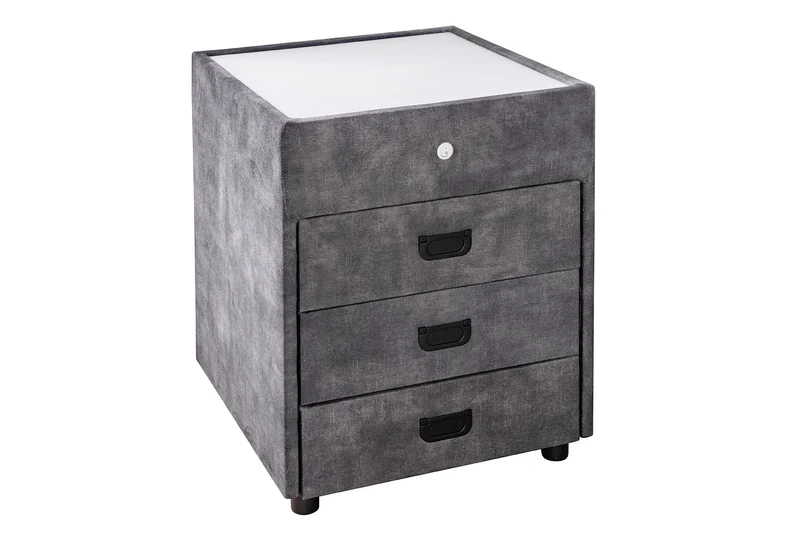 Table de chevet carrée PARIS 55cm velours gris comprenant éclairage et tiroirs