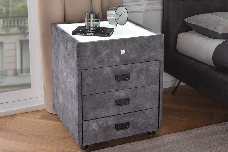 Table de chevet carrée PARIS 55cm velours gris comprenant éclairage et tiroirs